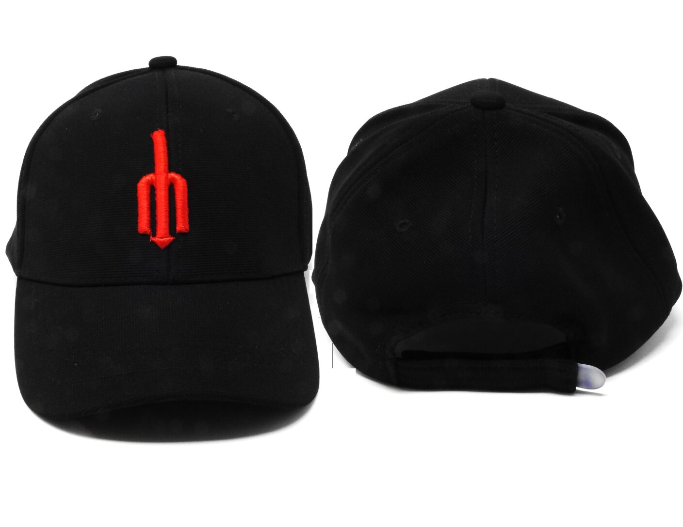Gorra poliéster negra, visera negra con tridente rojo bordado