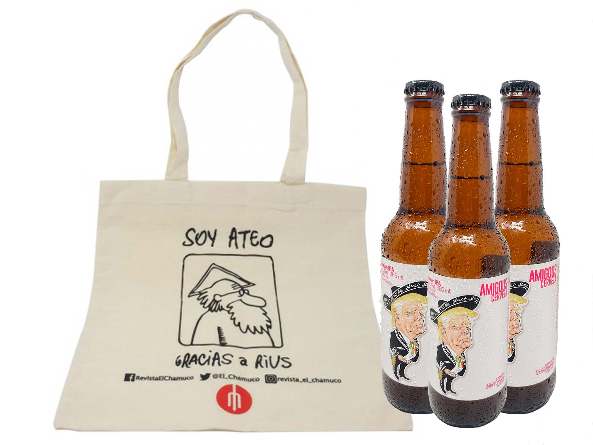 Bolsa Chamuco con cerveza con etiqueta ilustrada por Helguera, versión "Amigous"